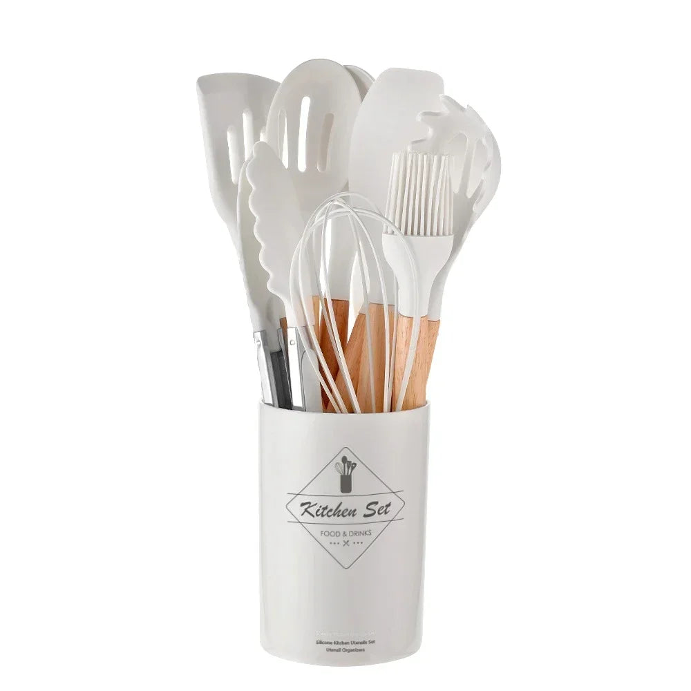 Complete Set of 12 Silicone Kitchen Utensils with Storage Holder