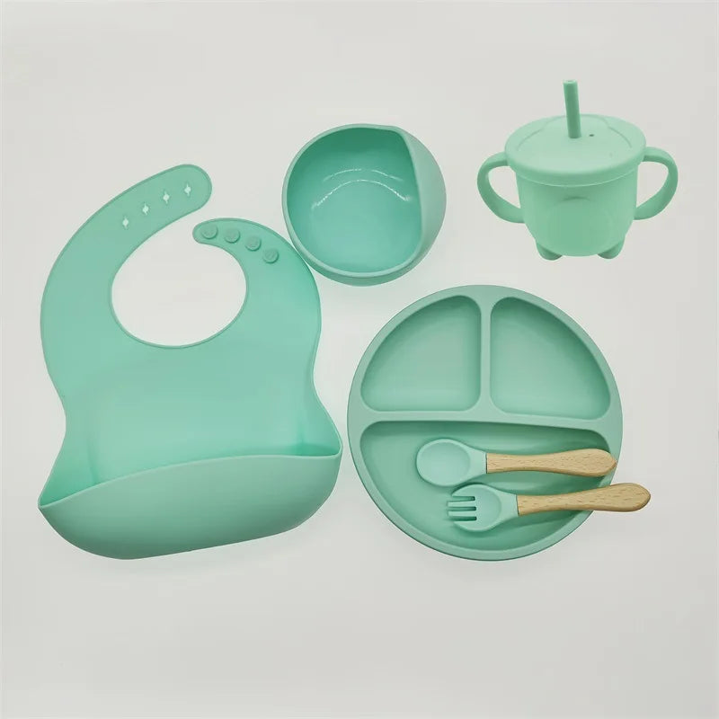 Set of 06 Silicone Baby Tableware with Suction Cups, Bib, Cup and Accessories