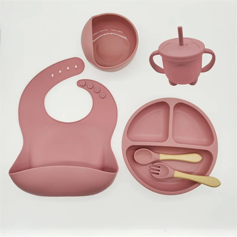 Set of 06 Silicone Baby Tableware with Suction Cups, Bib, Cup and Accessories