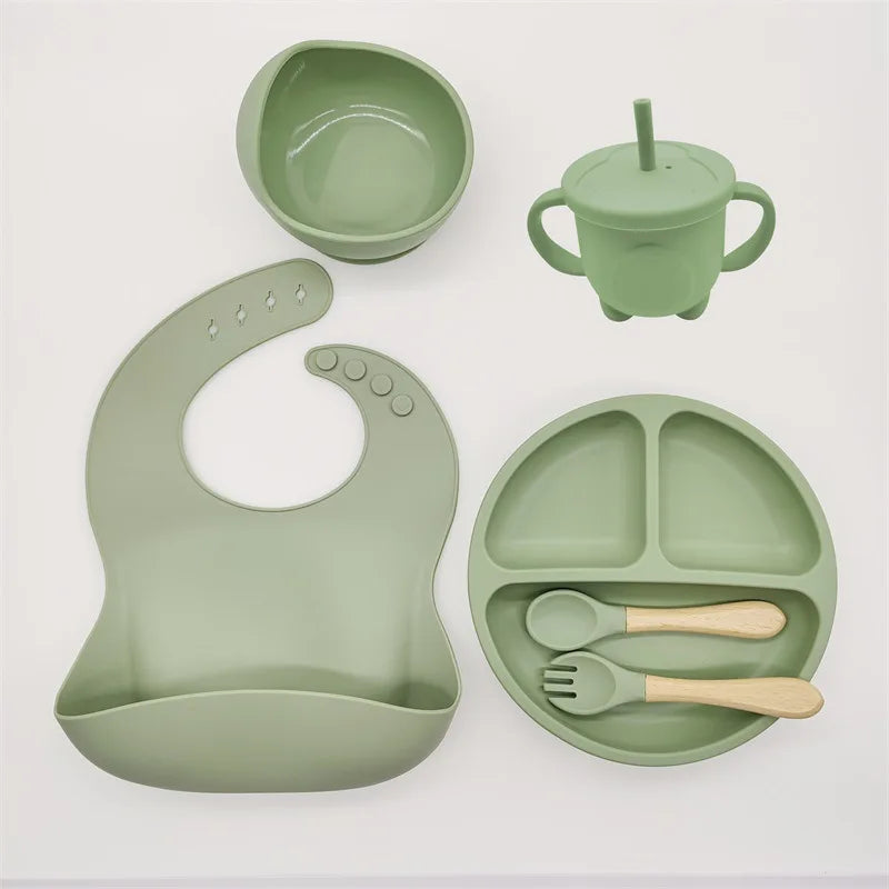 Set of 06 Silicone Baby Tableware with Suction Cups, Bib, Cup and Accessories