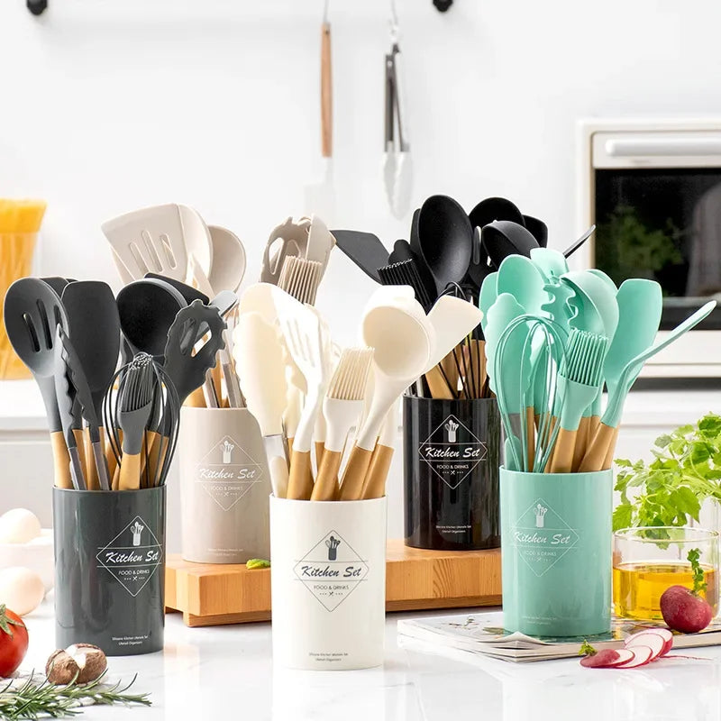 Complete Set of 12 Silicone Kitchen Utensils with Storage Holder