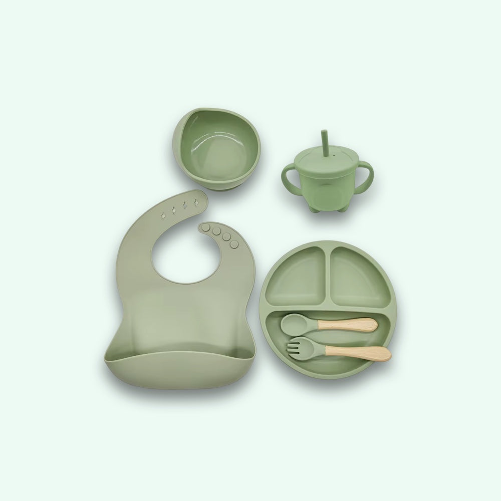 Set of 06 Silicone Baby Tableware with Suction Cups, Bib, Cup and Accessories